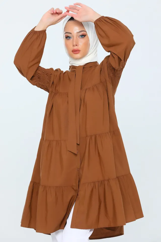 Kadın Modest Tesettür Gömlek Tunik Camel