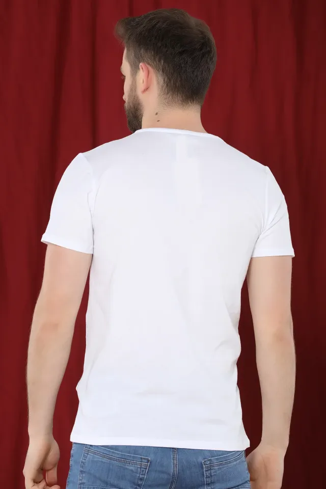 Cep Detaylı Baskılı Erkek T-shirt Beyaz