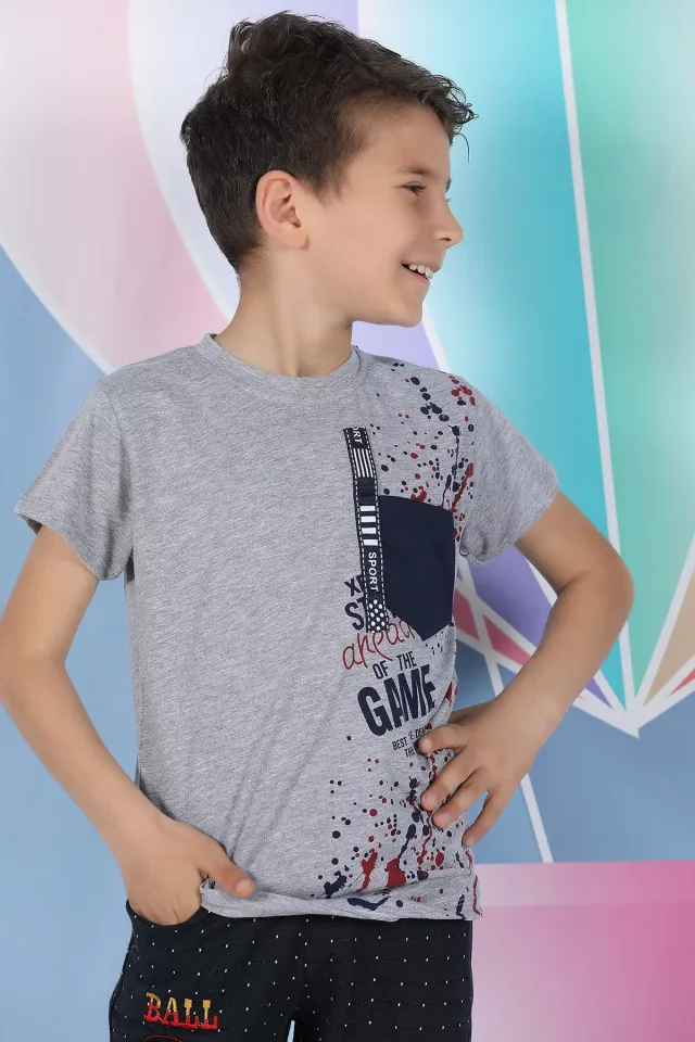Cepli Şerit Detaylı Erkek Çocuk T-shirt Gri