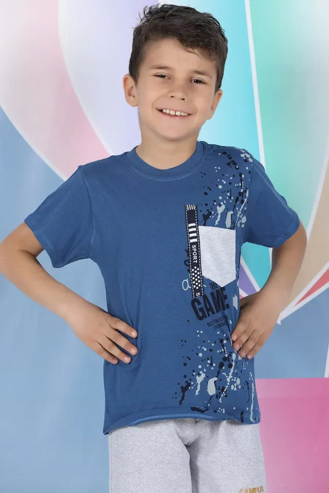 Cepli Şerit Detaylı Erkek Çocuk T-shirt İndigo