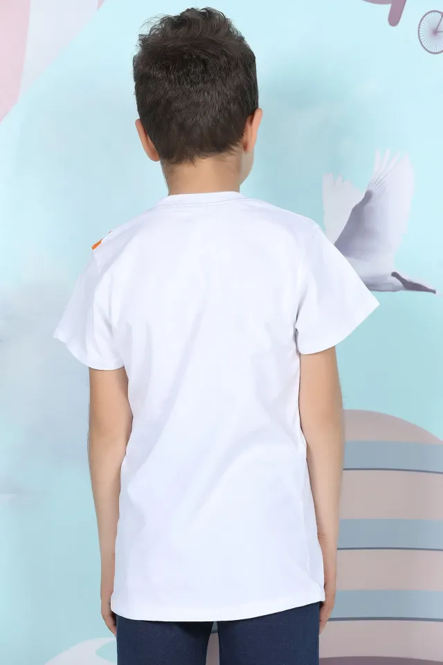 Cepli Şerit Detaylı Erkek Çocuk T-shirt Beyaz