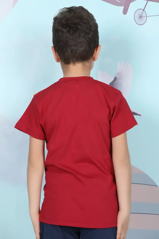 Cepli Şerit Detaylı Erkek Çocuk T-shirt Bordo