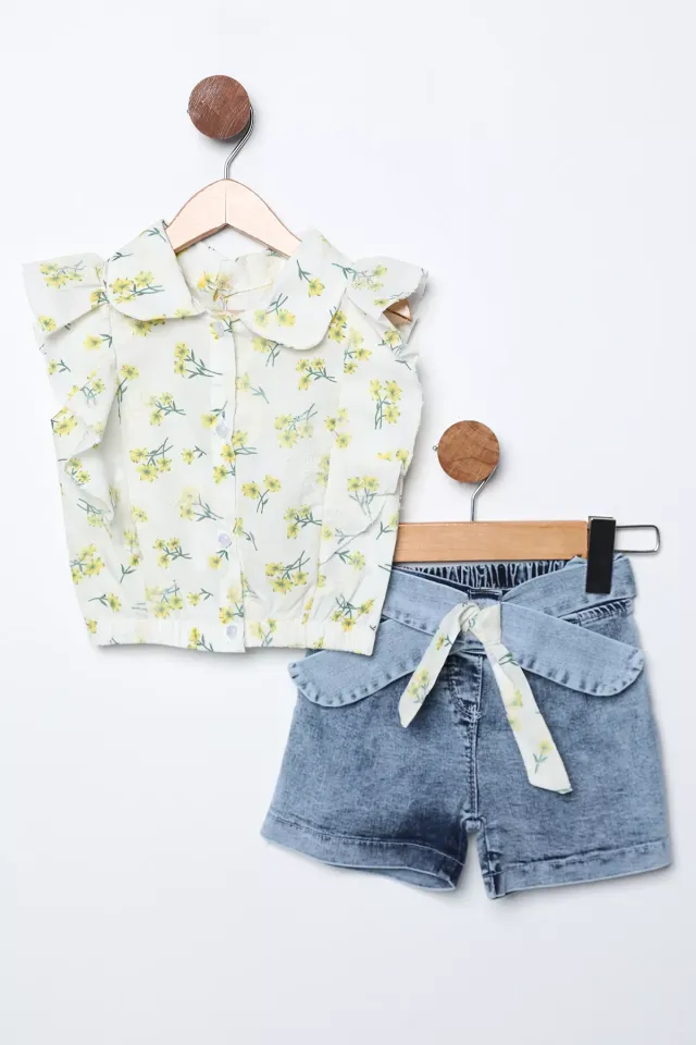 Çiçek Desenli Fırfırlı Bluz Jean Şort Kız Çocuk İkili Takım Sarı