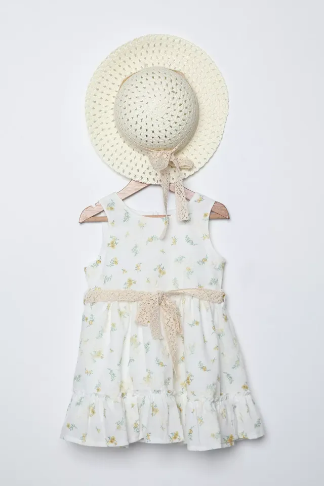 Çiçek Desenli Hasır Şapka Ve Kemer Detaylı Kız Çocuk Elbise Kremsarı