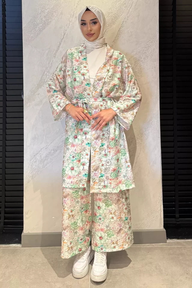 Çiçek Desenli Kimono Pantolon Tesettür İkili Takım - 2