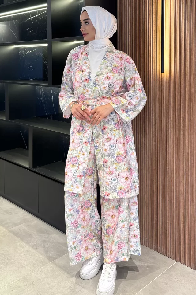 Çiçek Desenli Kimono Pantolon Tesettür İkili Takım - 2