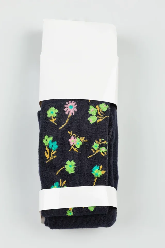 Çiçek Desenli Likralı Kız Çocuk Külotlu Çorap Lacivert