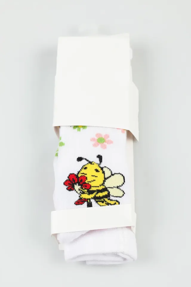 Çiçek Ve Hayvan Desenli Likralı Kız Çocuk Külotlu Çorap Beyaz