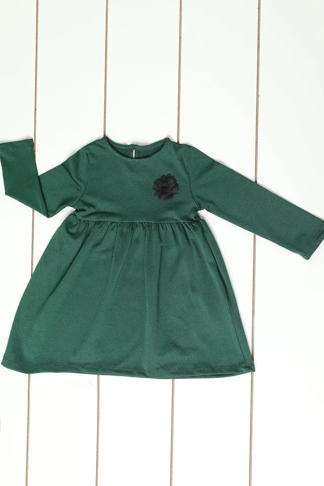 Çiçekli Kız Çocuk Elbise Zümrüt Yeşili