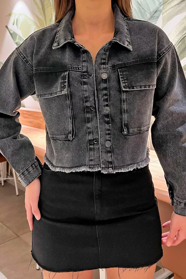 Çift Cepli Bitiş Püskül Detaylı Kadın Crop Top Jean Kot Ceket Antrasit