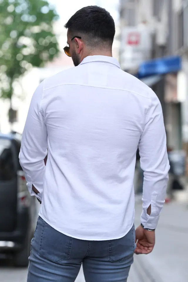 Çift Cepli Çıtçıtlı Uzun Kol Erkek Gömlek Beyaz