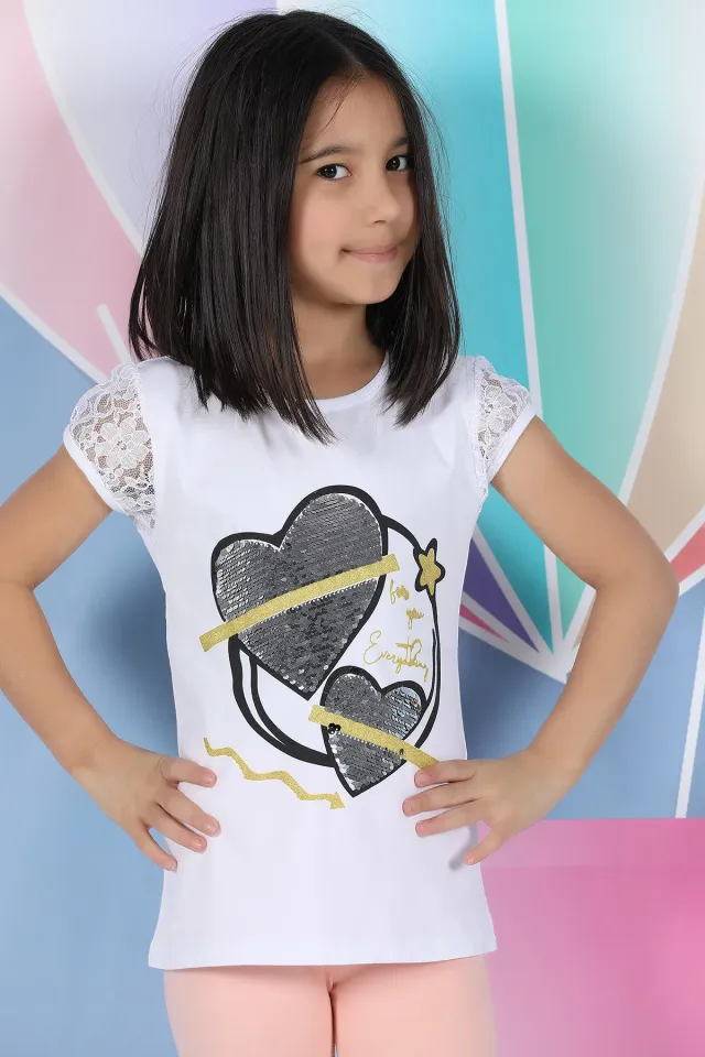 Çift Kalp Payetli Kız Çocuk T-shirt Beyaz