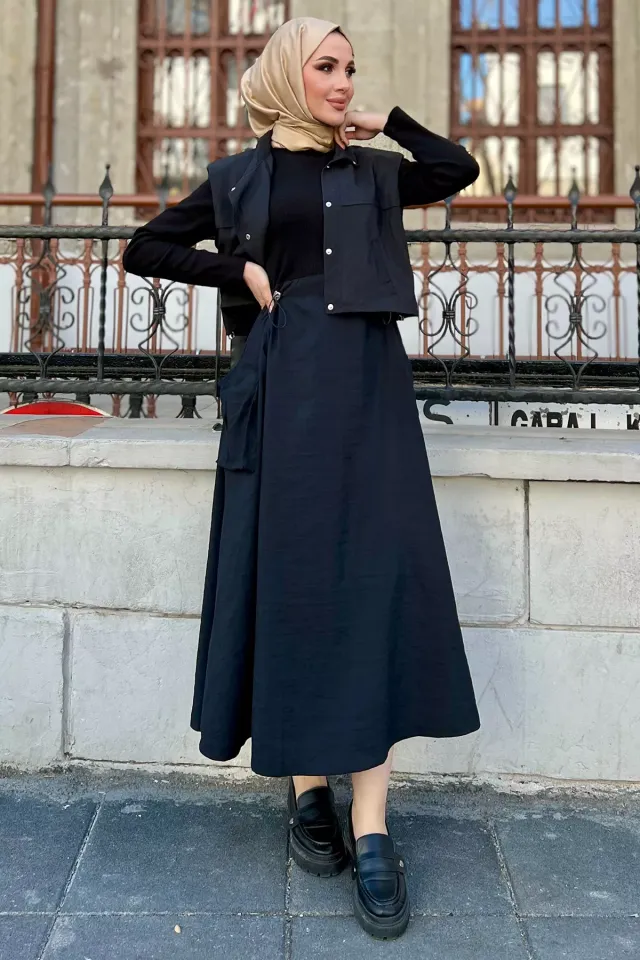 Çıtçıtlı Kargo Cepli Paraşüt Kumaş Elbise Yelek Tesettür İkili Takım Siyah