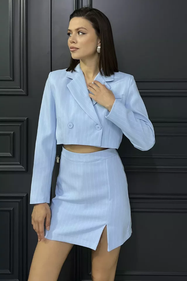 Çizgili Crop Top Ceket Şort Etek İkili Takım - 2