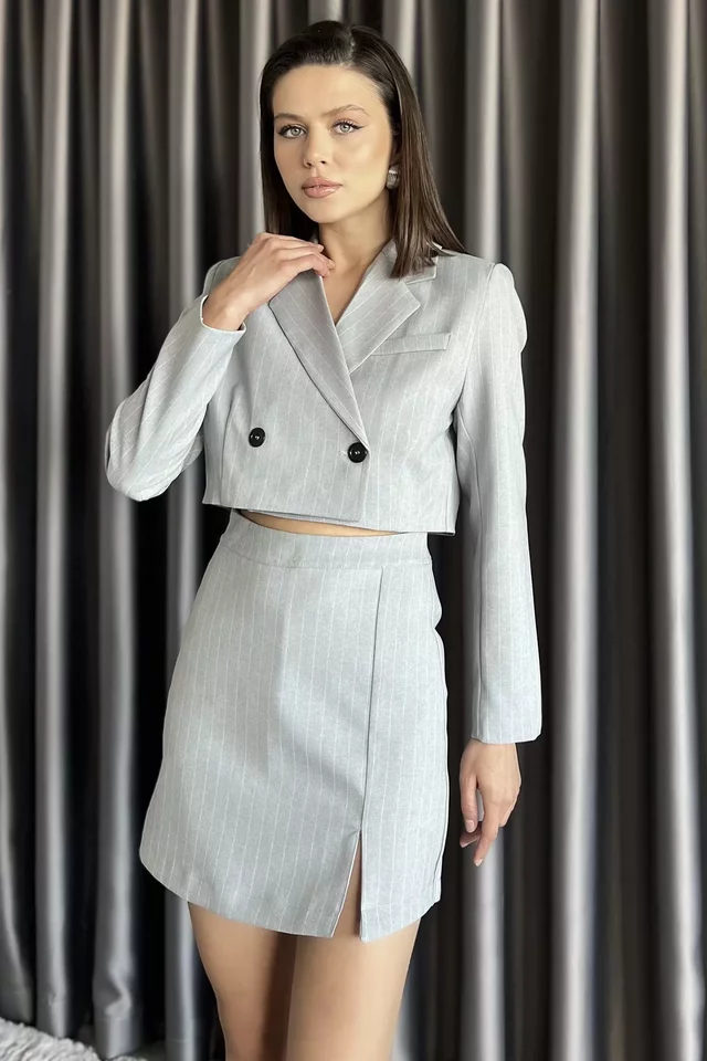 Çizgili Crop Top Ceket Şort Etek İkili Takım - 2