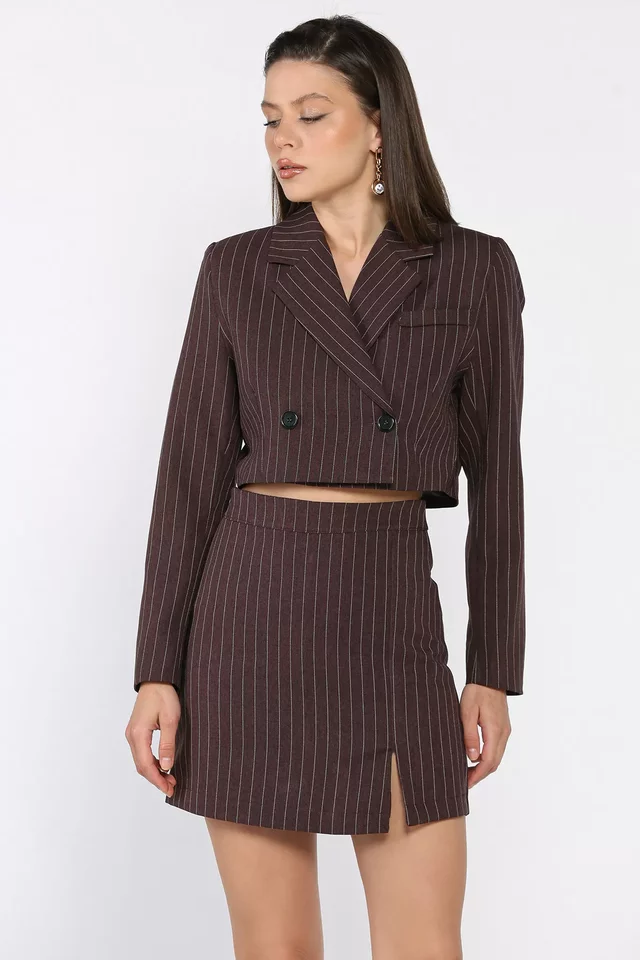 Çizgili Crop Top Ceket Şort Etek İkili Takım - 2