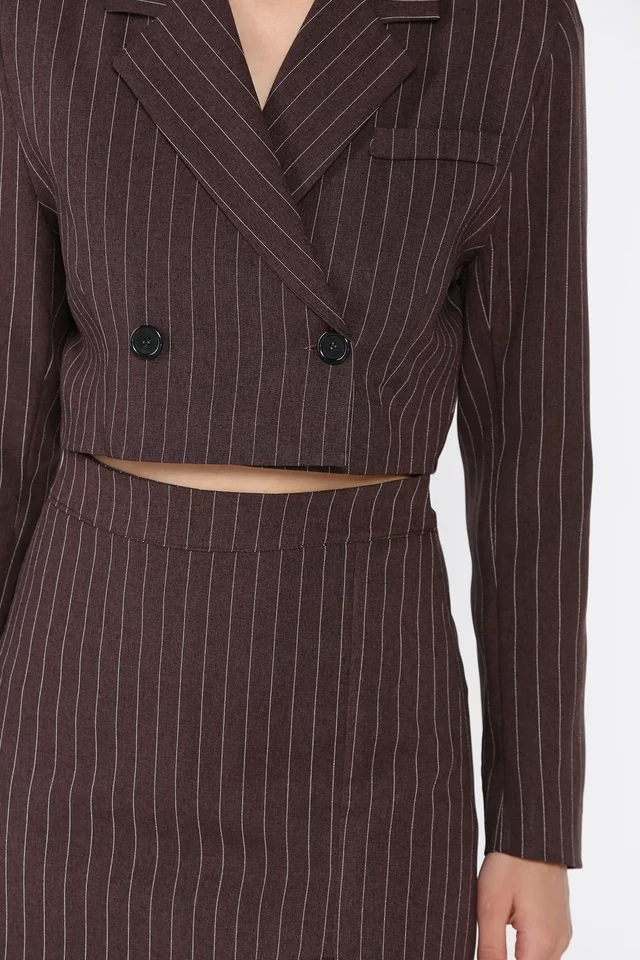 Çizgili Crop Top Ceket Şort Etek İkili Takım