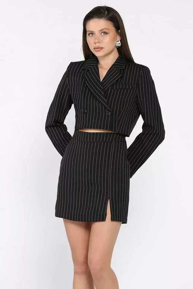 Çizgili Crop Top Ceket Şort Etek İkili Takım - 2