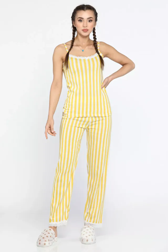 Çizgili İp Askılı Pijama Takımı Sarı