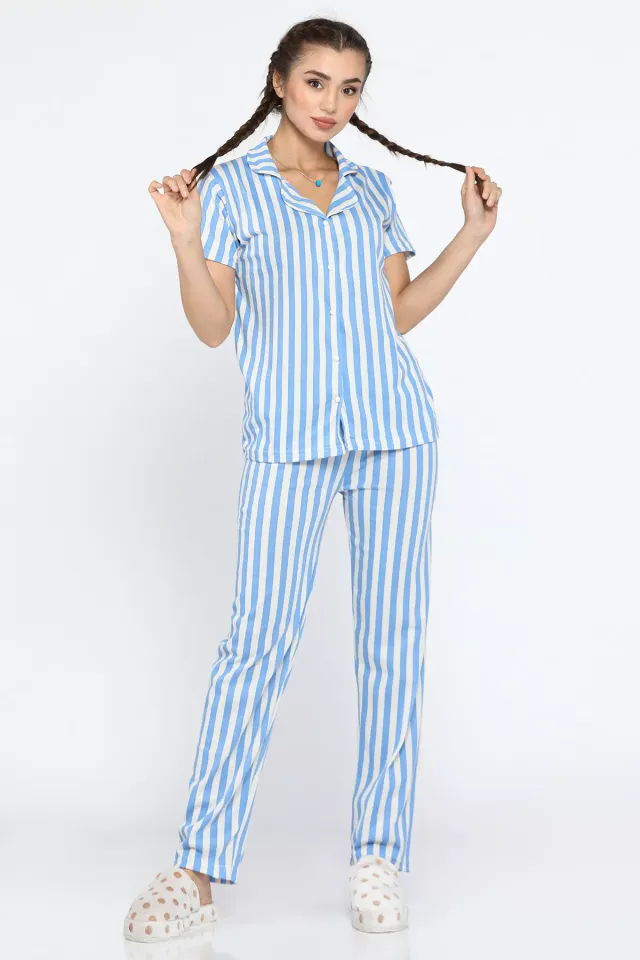 Çizgili Kısa Kollu Pijama Takımı Mavi