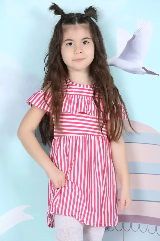 Çizgili Üst Kısım Fırfırlı Kız Çocuk Elbise Fuşya
