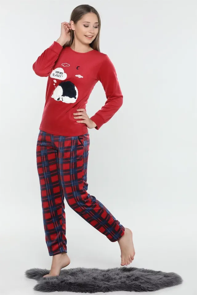 Baskılı Polar Pijama Takımı Bordo