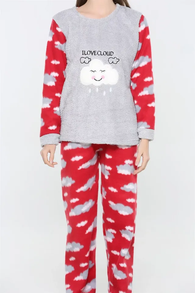 Desenli Polar Pijama Takımı Gri