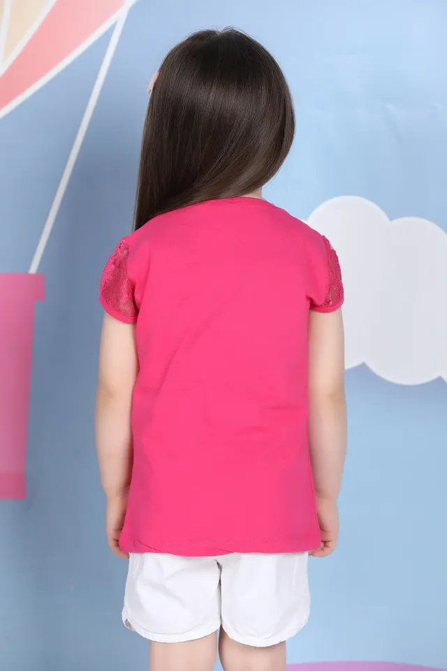 Dantel Detaylı Kız Çocuk T-shirt Fuşya