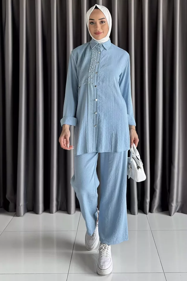 Dantelli Taşlı Tesettür Tunik Pantolon İkili Takım - 2