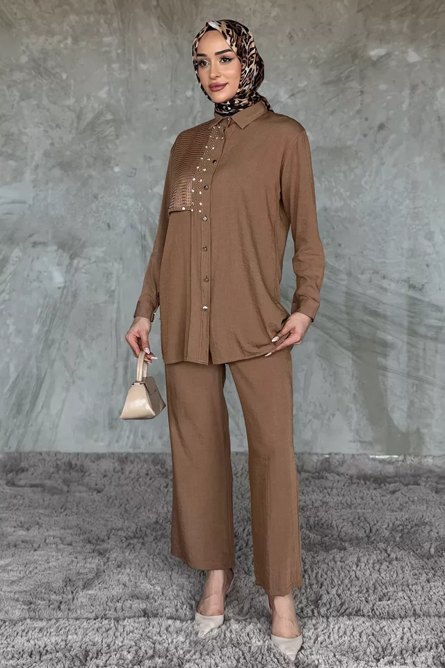 Dantelli Taşlı Tesettür Tunik Pantolon İkili Takım - 2