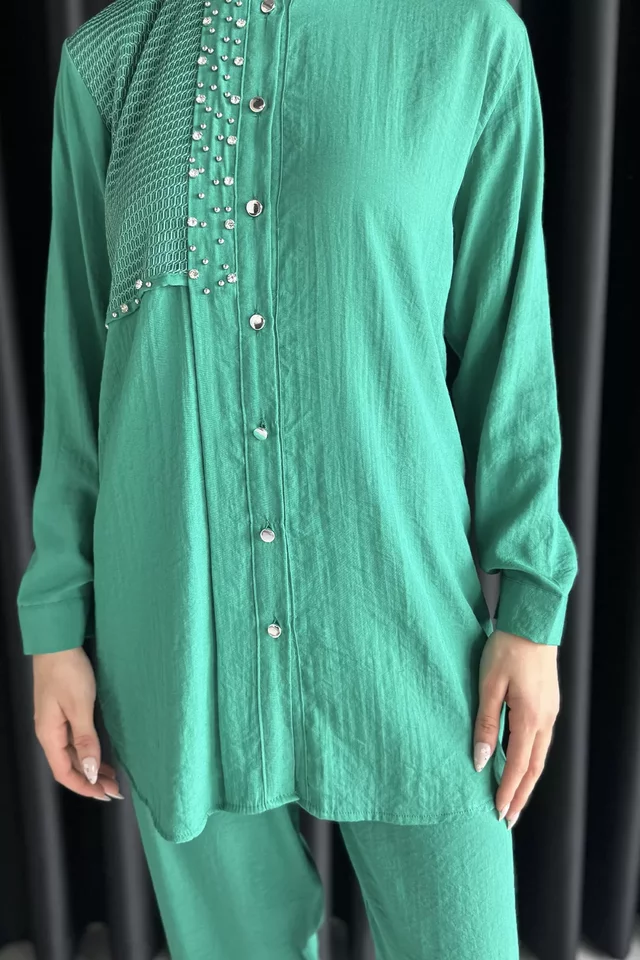 Dantelli Taşlı Tesettür Tunik Pantolon İkili Takım