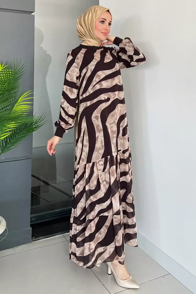 Desenli Bileği Lastikli Eteği Pileli Astarlı Tesettür Şifon Elbise Vizon