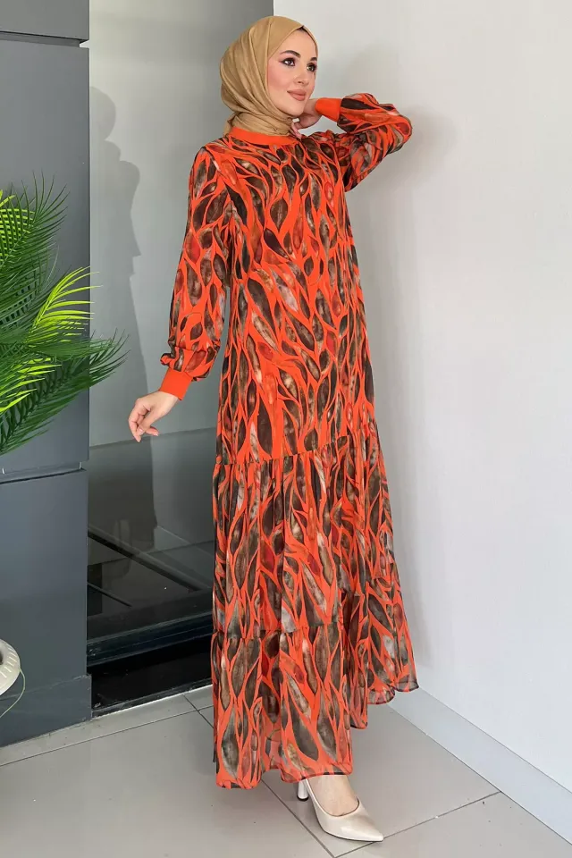 Desenli Eteği Pileli Astarlı Tesettür Şifon Elbise Orange