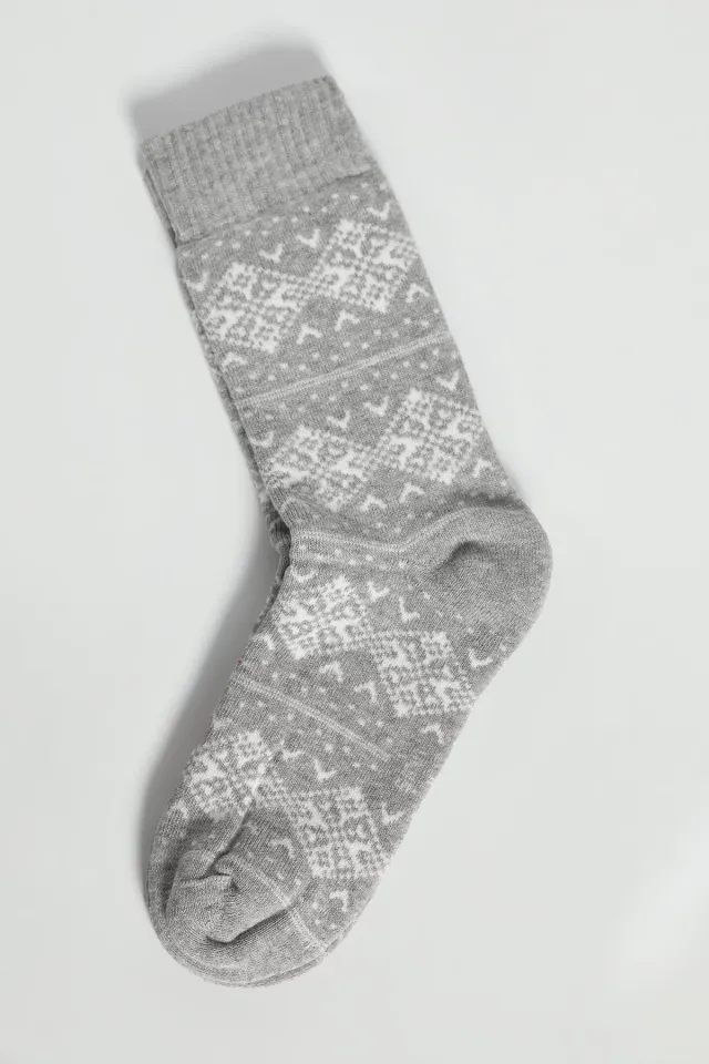 Desenli Kışlık Uzun Termal Havlu Çorap Kadın Gri