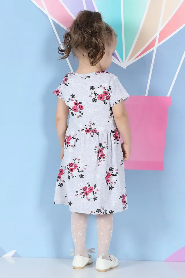 Desenli Kız Çocuk Elbise Gri