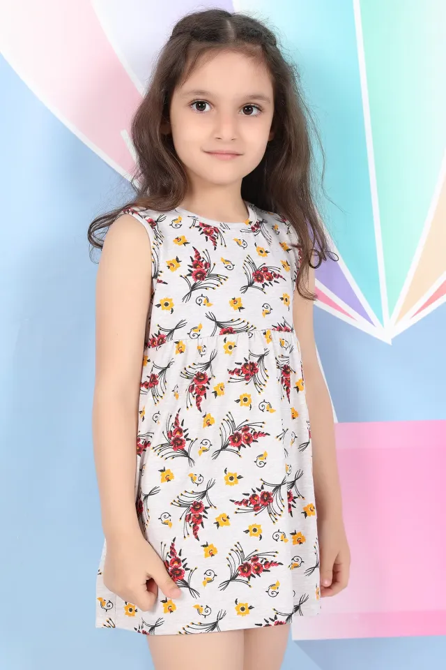 Desenli Kız Çocuk Elbise Bej