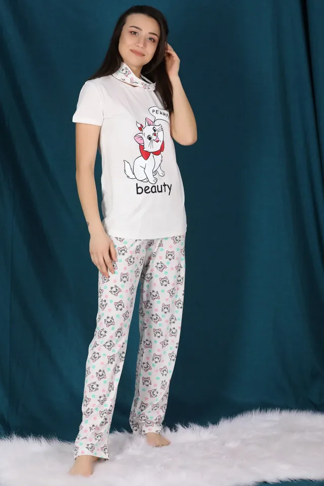Desenli Pijama Takımı Krem