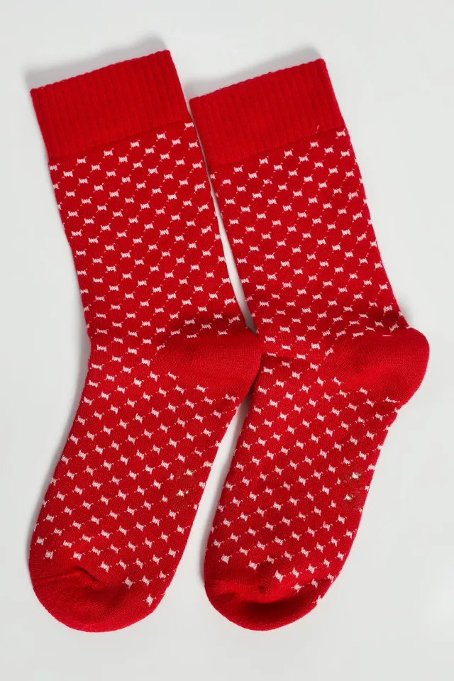 Desenli Termal Havlu Kışlık Uzun Kadın Çorap Kırmızı