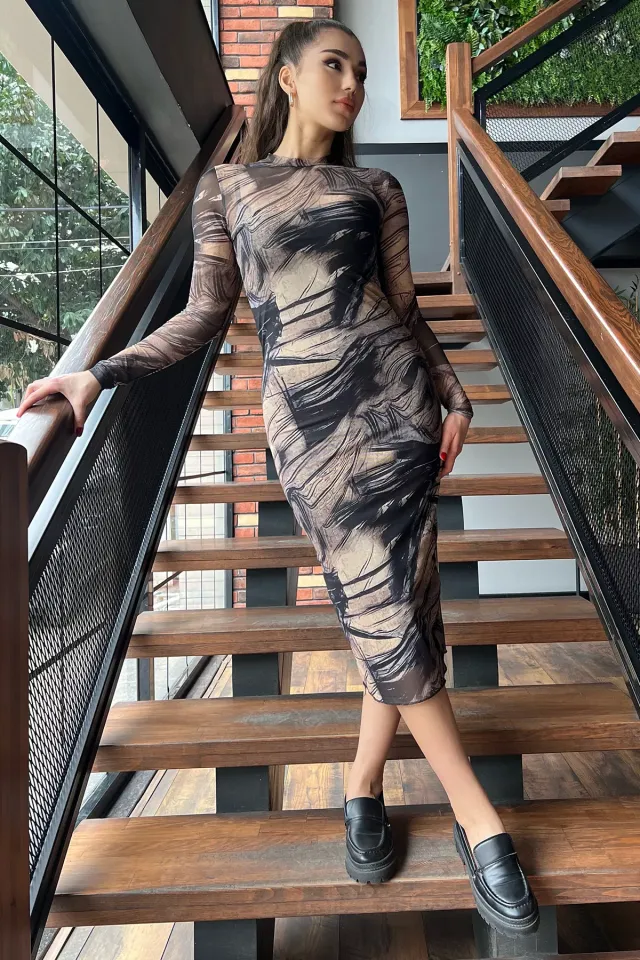 Desenli Uzun Kol Tül İç Astarlı Kadın Elbise Vizon