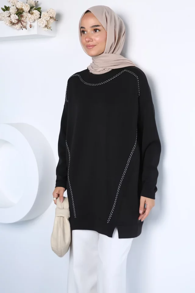 Dikiş Detaylı Bisiklet Yaka Tesettür Tunik - 1