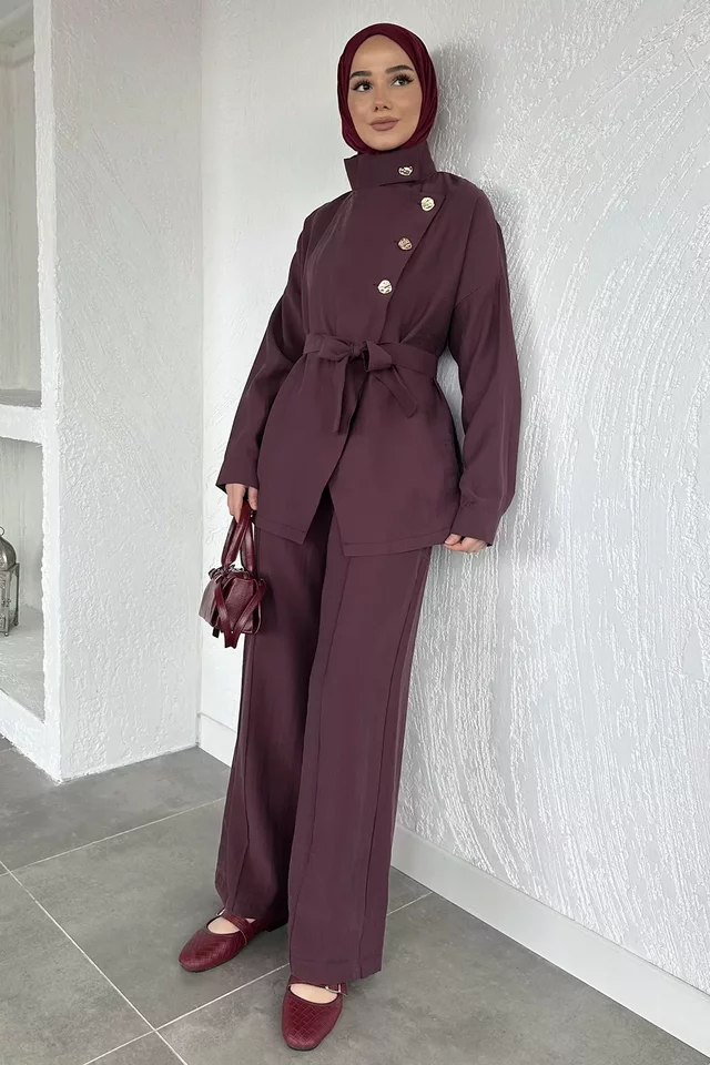 Düğme Detaylı Kuşaklı Tunik Pantolon Tesettür İkili Takım - 1
