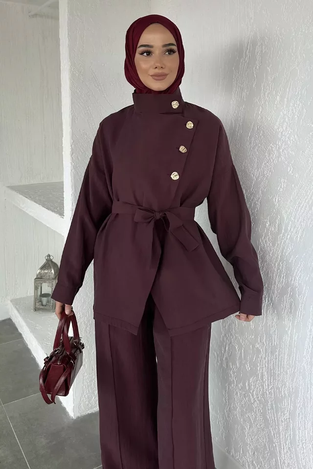 Düğme Detaylı Kuşaklı Tunik Pantolon Tesettür İkili Takım - 2