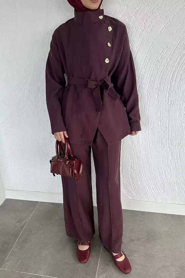 Düğme Detaylı Kuşaklı Tunik Pantolon Tesettür İkili Takım