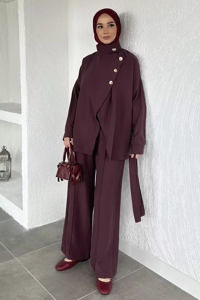 Düğme Detaylı Kuşaklı Tunik Pantolon Tesettür İkili Takım