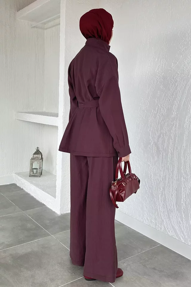Düğme Detaylı Kuşaklı Tunik Pantolon Tesettür İkili Takım