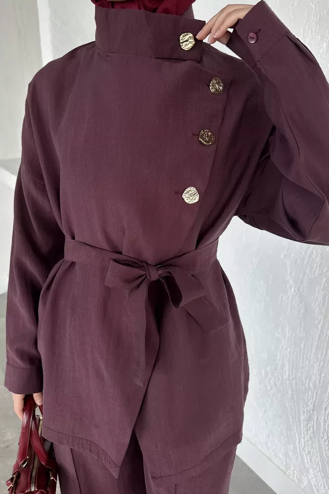 Düğme Detaylı Kuşaklı Tunik Pantolon Tesettür İkili Takım