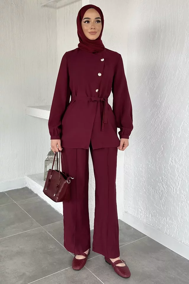 Düğmeli Bluz Pantolon Tesettür İkili Takım - 1