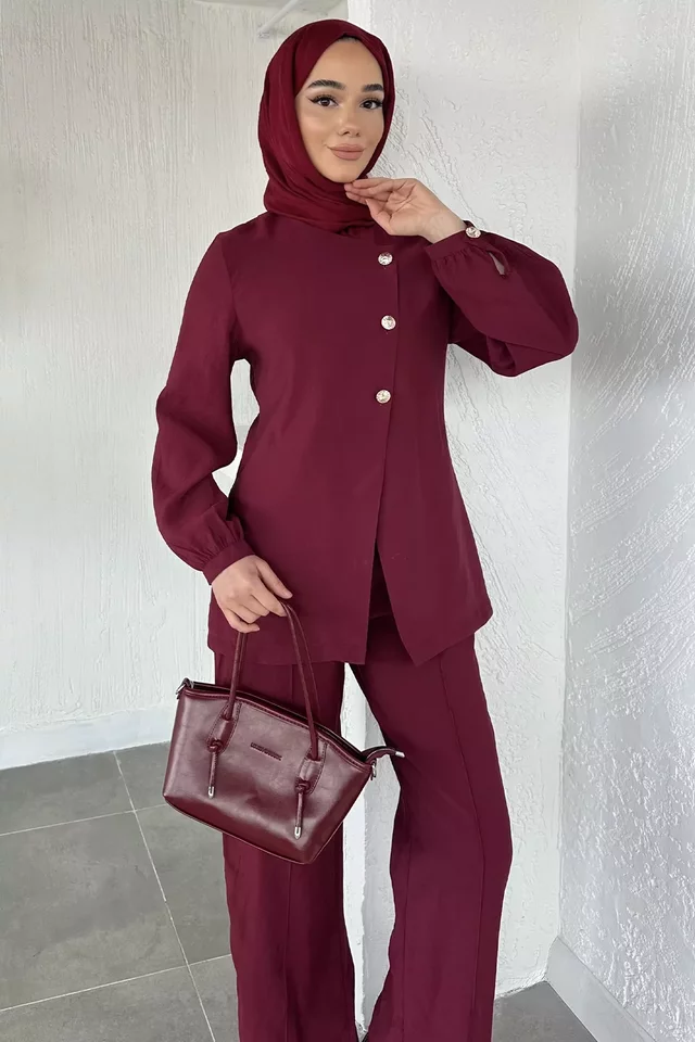 Düğmeli Bluz Pantolon Tesettür İkili Takım - 2