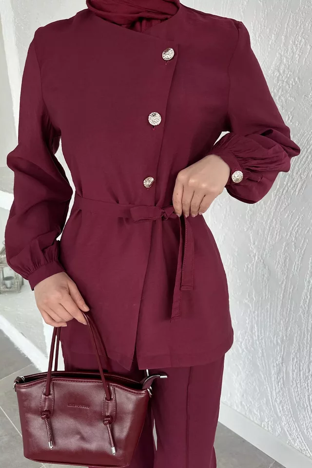 Düğmeli Bluz Pantolon Tesettür İkili Takım