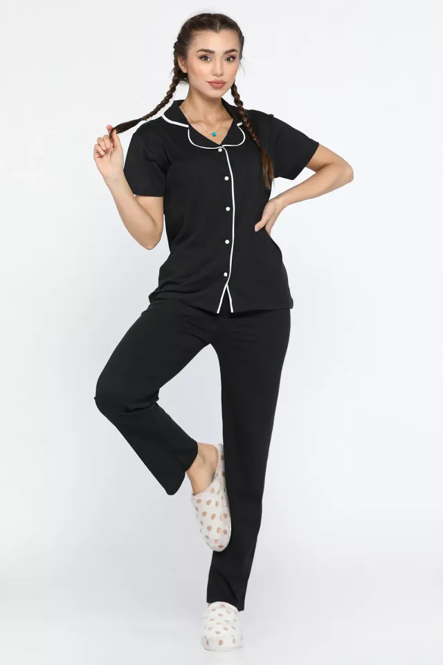 Düğmeli Kısa Kollu Pijama Takımı Siyah